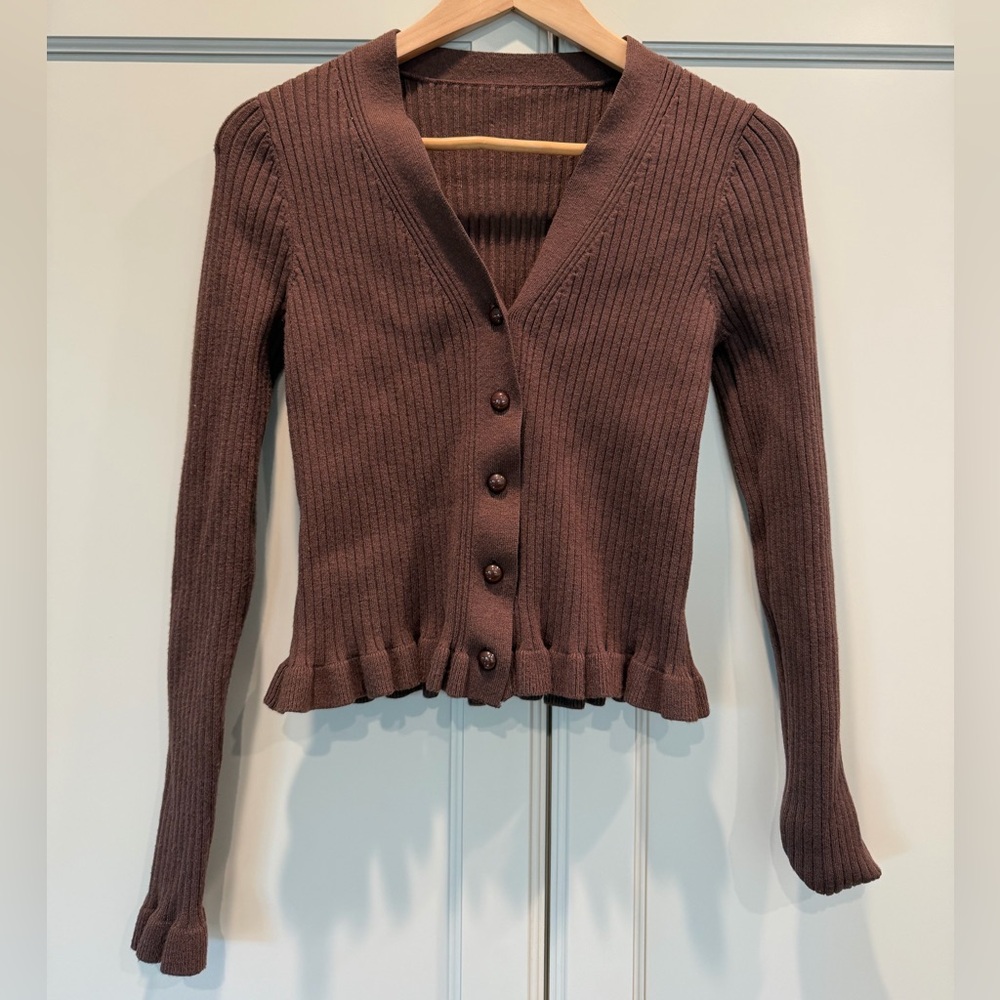 Brown Ribbed Button Cardigan Sweater
